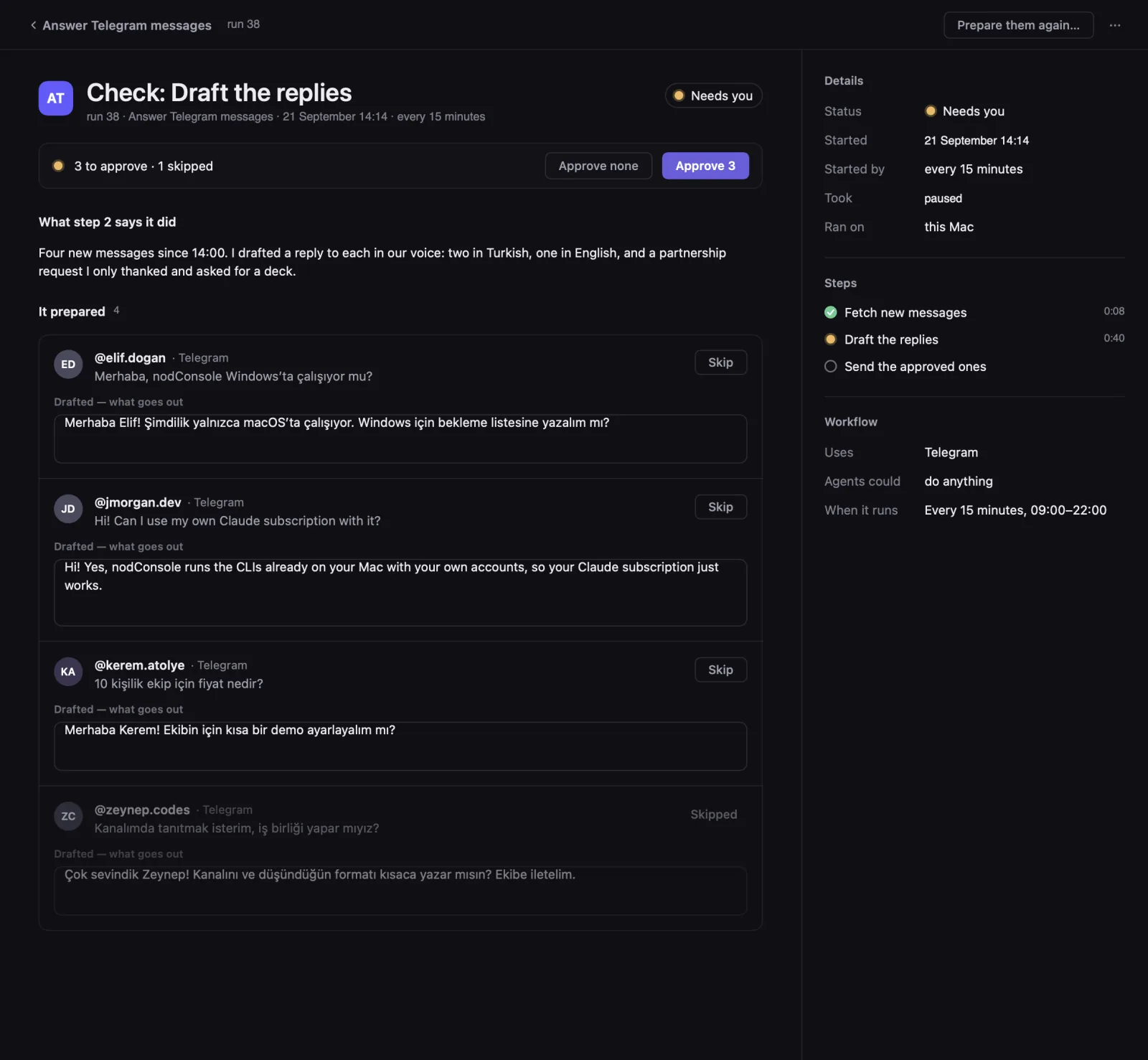 The review page: drafted replies wait, each with Skip, and Approve 3 or Approve none.