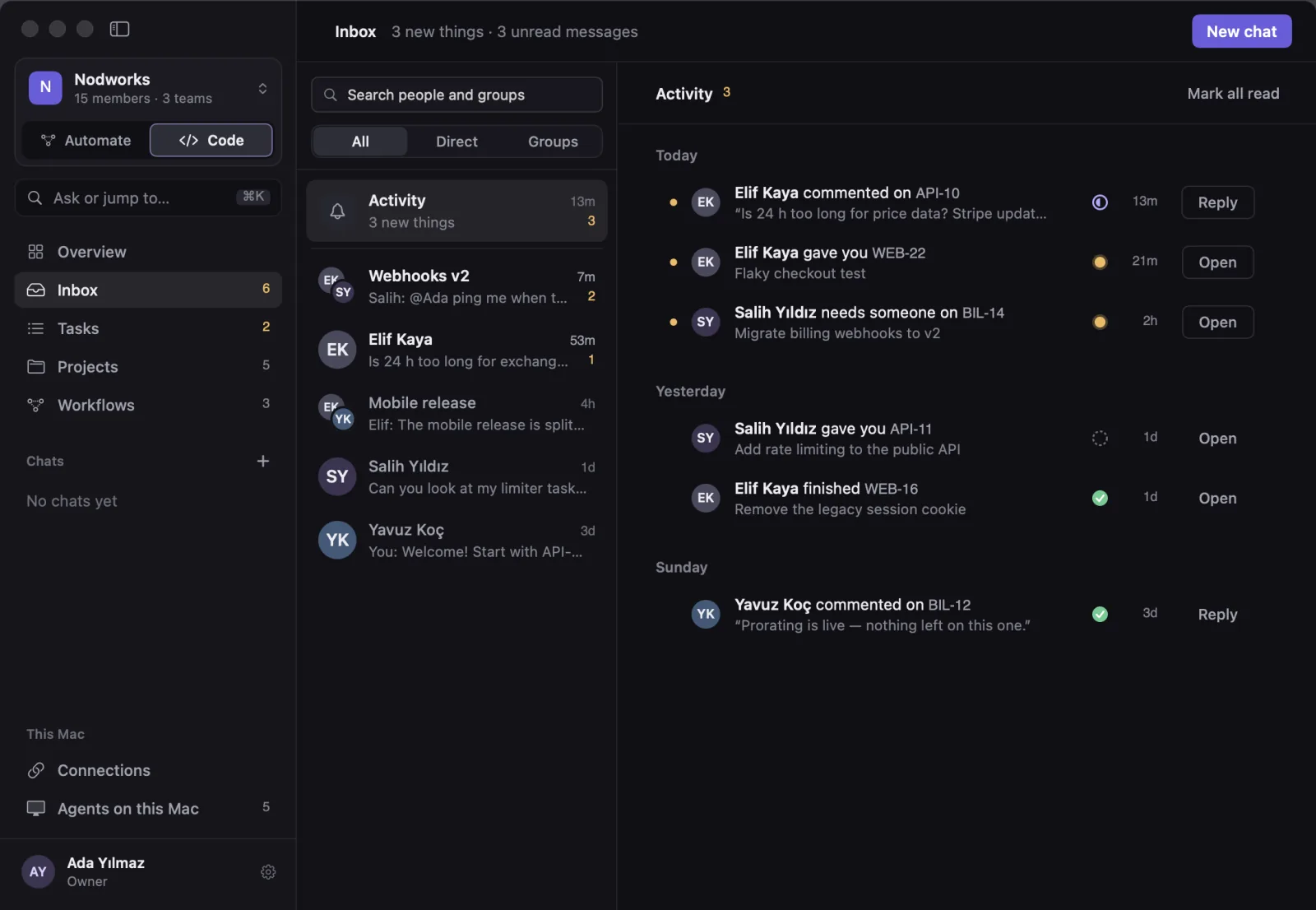 The Inbox: team chats on the left, the activity on your tasks on the right.